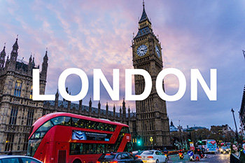 A Picture of London, showing a Red London Bus and Big Ben with the label London over the top