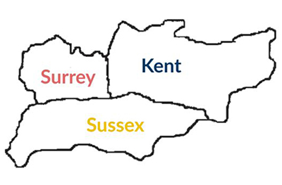 Map showing the regions of KSS - Kent, Sussex and Surrey