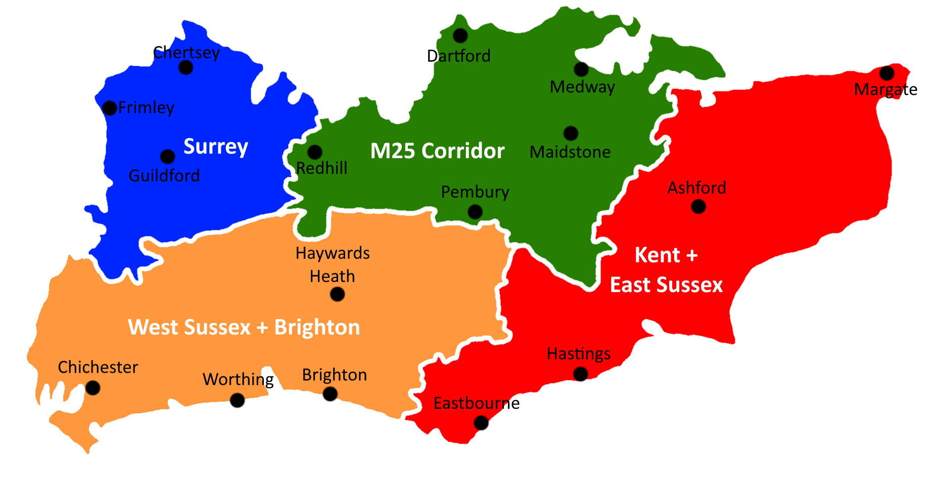 Map of KSS Placement Areas and hospitals across Kent, Sussex, Surrey